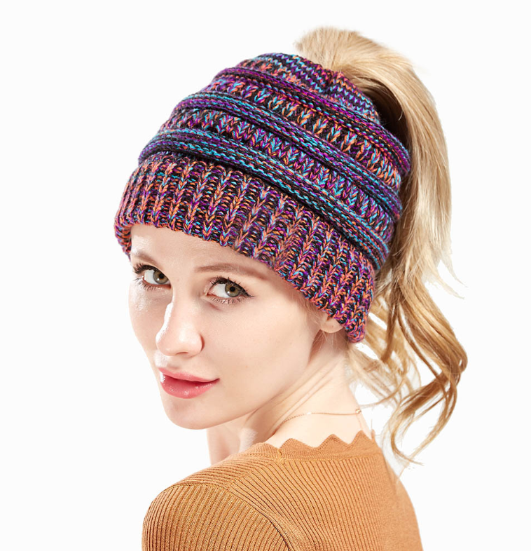 Mixed Color Knitted Wool Hat Ladies Non-labeled Ponytail Hat - Better Life