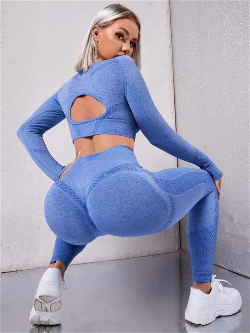 2pcs Sports Suits Long Sleeve Hollow Design Tops And Butt Lifting High Waist Seamless Fitness Leggings Sports Gym Sportswear Outfits Clothing - Better Life