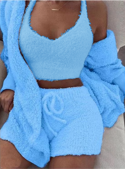 3pcs Womens Clothing Long Sleeve Crop Tank Top And Drawstring Shorts Pajama Set - Better Life