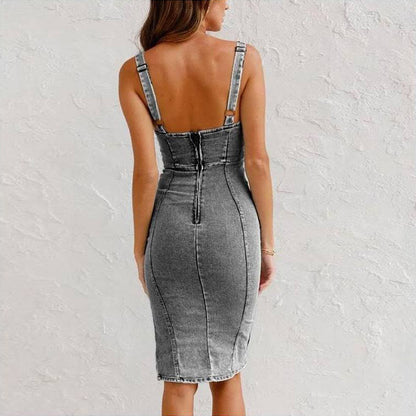 New U-neck Suspender Denim Dress Summer Casual Tight Slim Fit Dresses With Slit Design Womens Clothing - Better Life