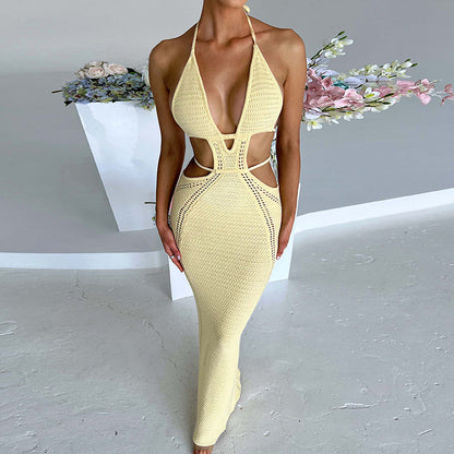Sexy Backless Halter Long Dress V-neck Hollow Splicing Package Hip Skirt