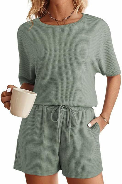 Women's Short-sleeved Home Wear Solid Color Casual Waffle Two-piece Set