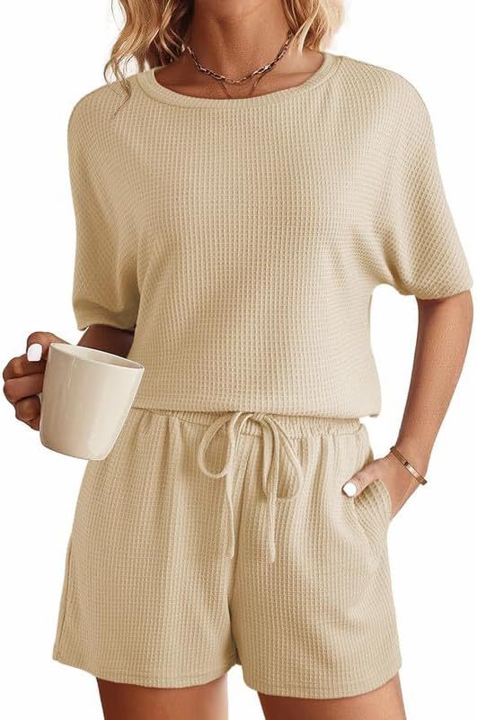 Women's Short-sleeved Home Wear Solid Color Casual Waffle Two-piece Set