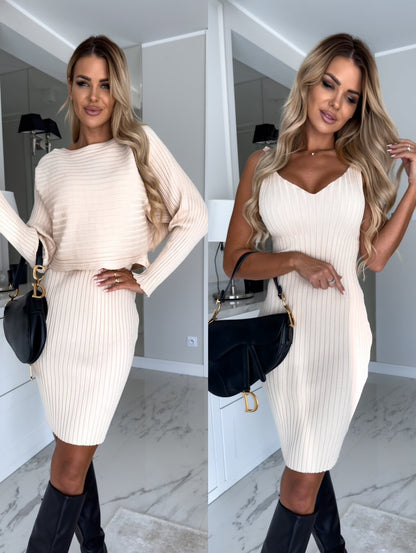2pcs Suit Women's Solid Stripe Long-sleeved Top And Tight Suspender Skirt Fashion Autumn Winter Slim Clothing - Better Life