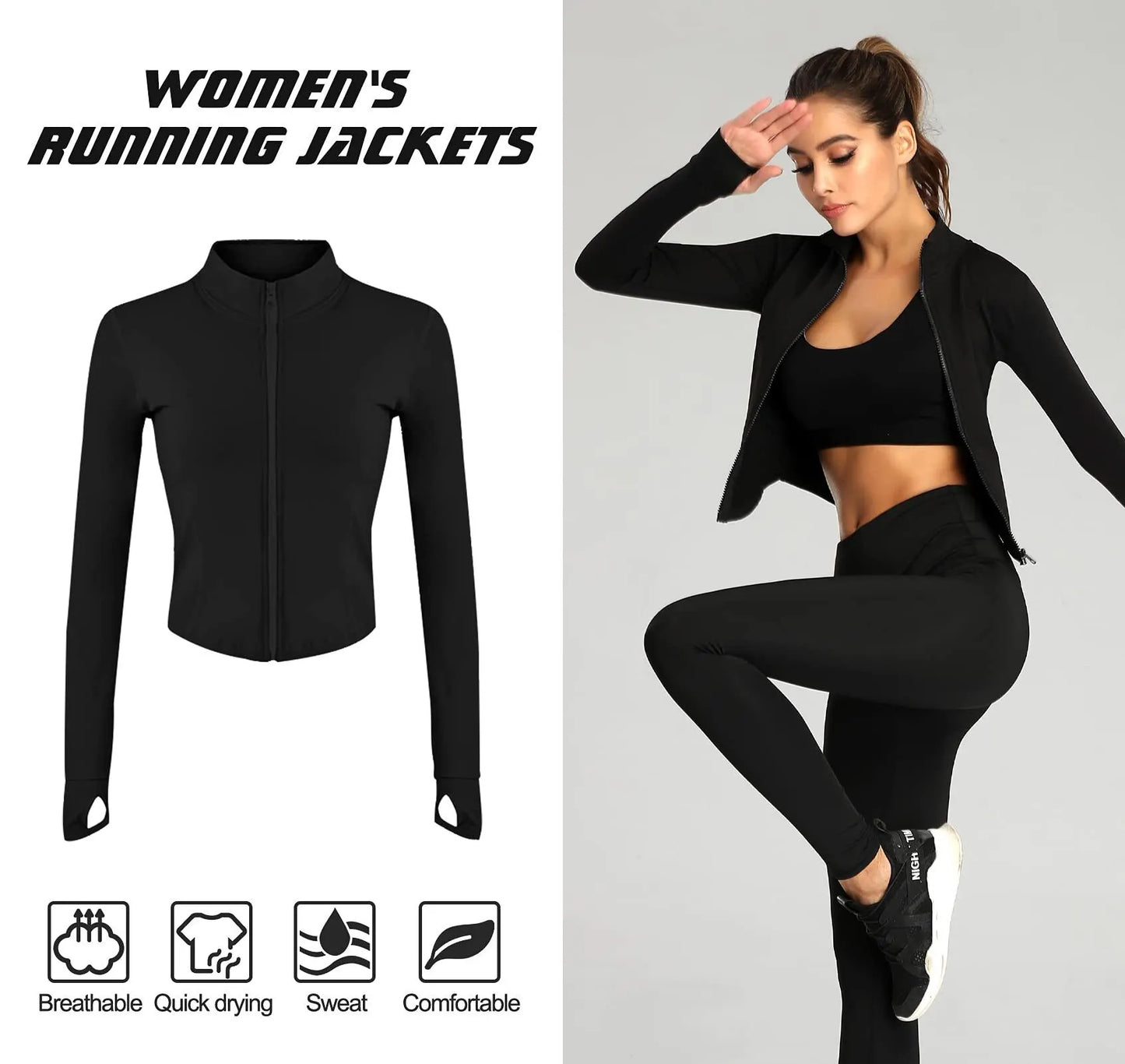 Women's Tracksuit Jacket Slim Fit Long Sleeved Fitness Coat Yoga Crop Tops With Thumb Holes Gym Jacket Workout Sweatshirts