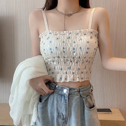 Floral Printed Camisole Woman Summer Sweet Spaghetti Strap Tank Top