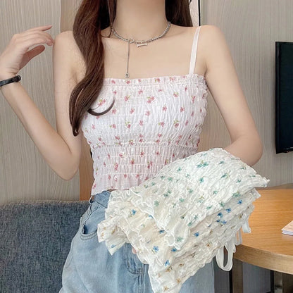 Floral Printed Camisole Woman Summer Sweet Spaghetti Strap Tank Top