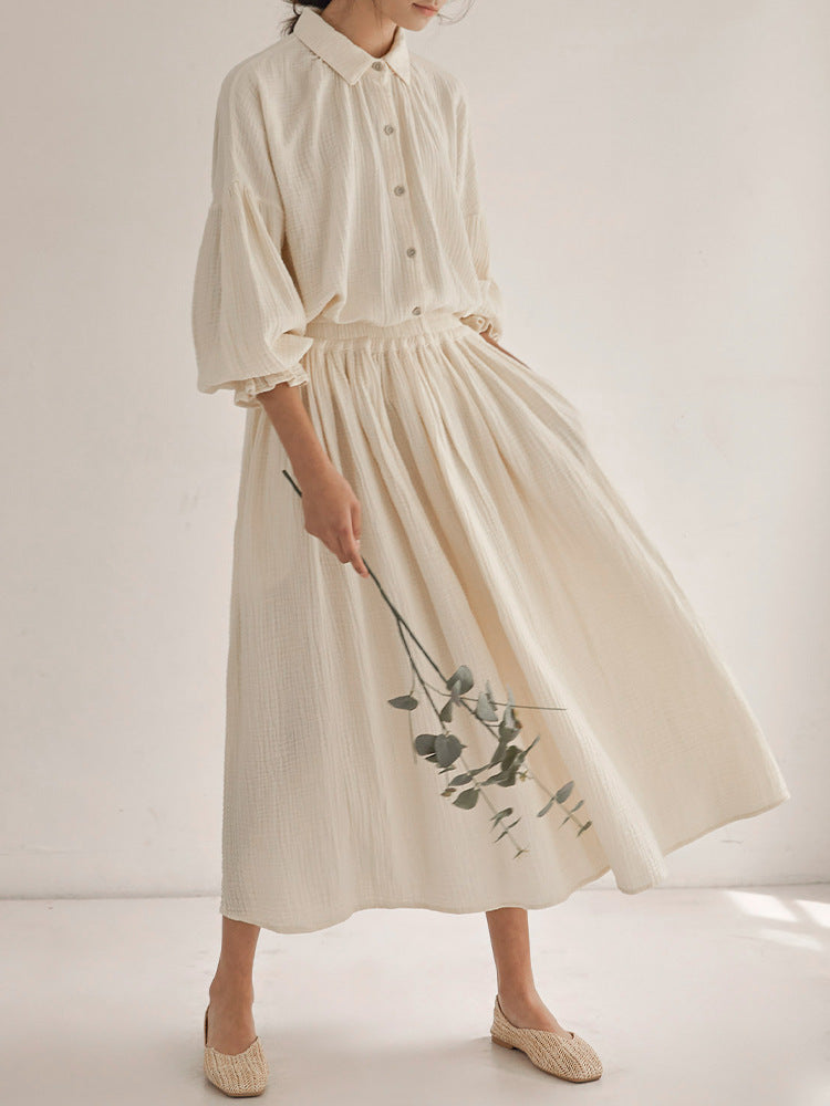 Fall Double-layer Gauze Loungewear Suit Lantern Sleeve Niche Design Cotton Loose Shirt Skirt Women's Clothing